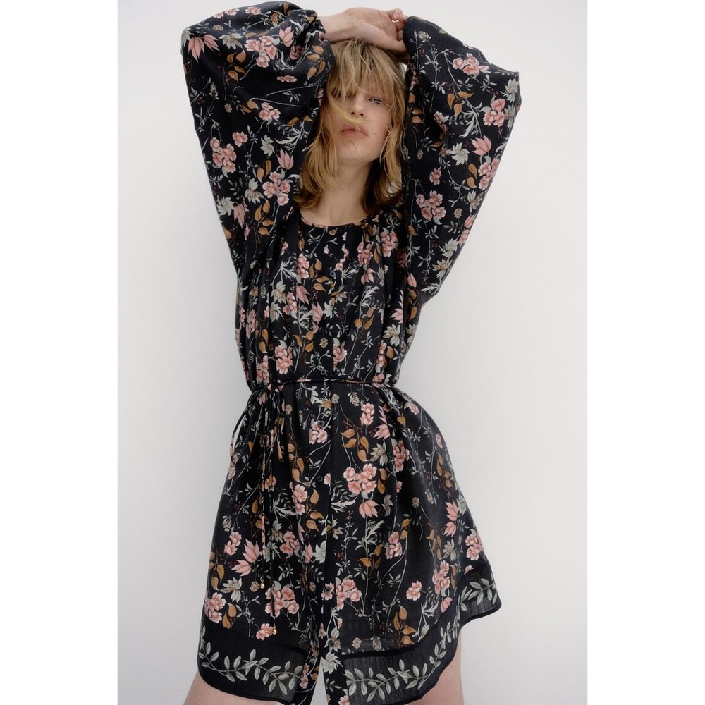 H&M Black Floral Balloon Sleeve Button Front Belted Mini Dress XL
